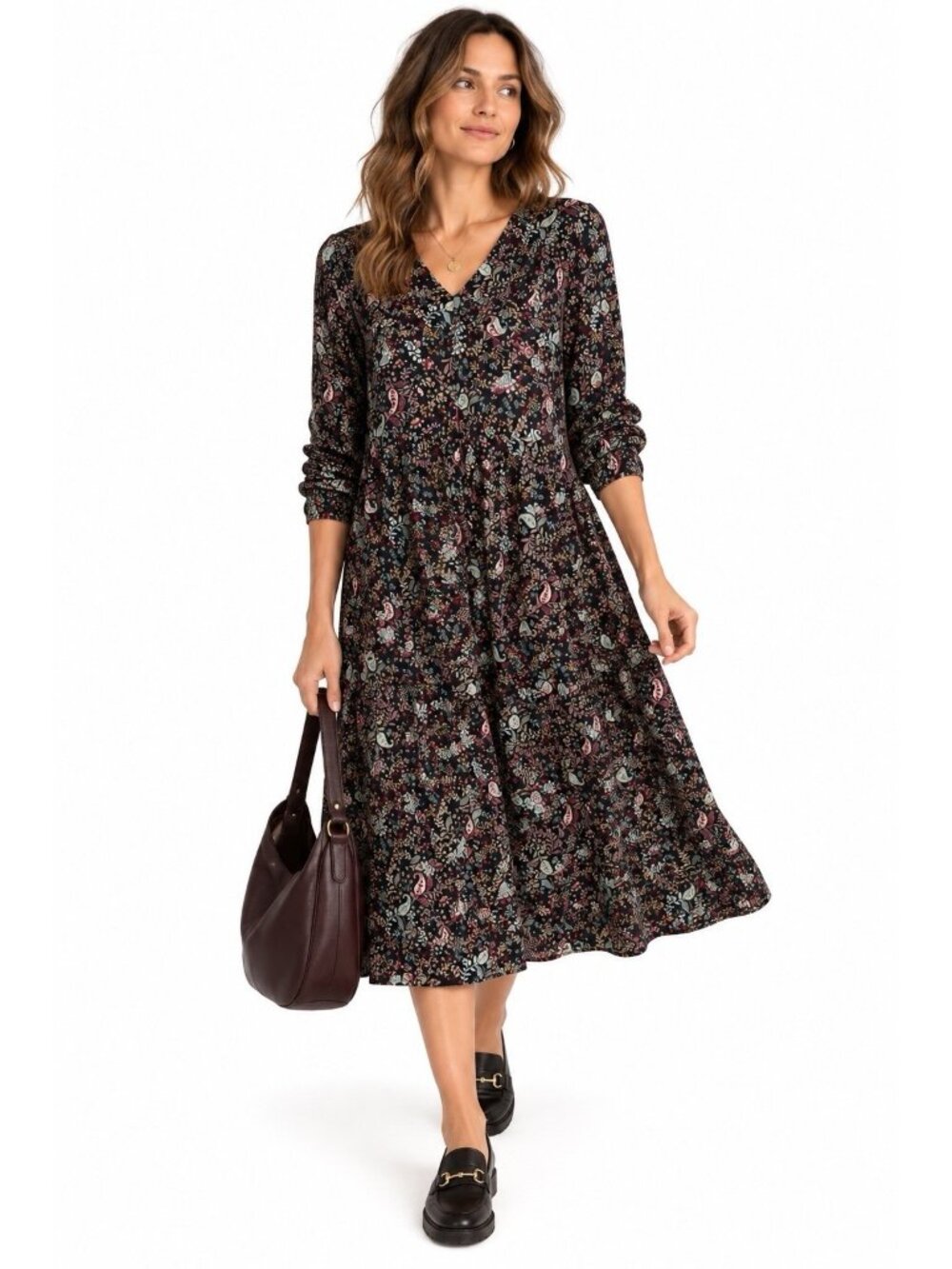 J JILL dress floral midi LP petite swing long sleeve fall autumn casual boho